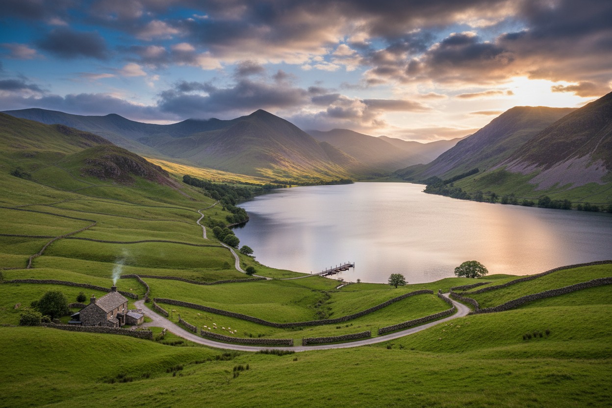 A stone cottage sits in a lush green valley beside a calm lake surrounded by mountains at sunset.